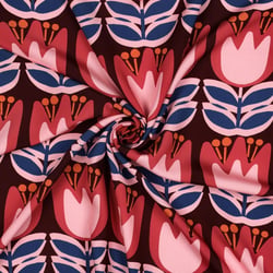 Tissu Viscose EcoVero Tulipes sur fond Bordeaux