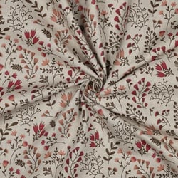 Tissu Toile Polycoton canvas enduit aspect lin petites fleurs Mauve sur fond Naturel
