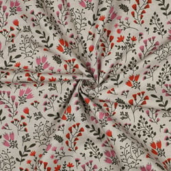 Tissu Toile Polycoton canvas enduit aspect lin petites fleurs Rose sur fond Naturel