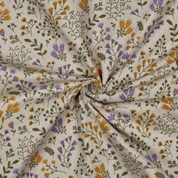 Tissu Toile Polycoton canvas enduit aspect lin petites fleurs Ocre sur fond Naturel