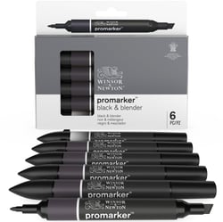 Lot de 5 marqueurs alcool pointe ProMarker + 1 blender Winsor & Newton - Noir