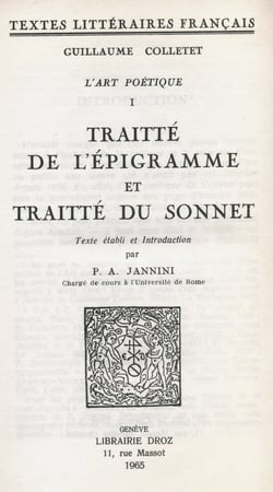 L'Art poétique - Tome premier, Traitté de l'épigramme et Traitté du sonnet