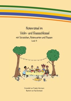 Notenrätsel im Violin- und Bassschlüssel - mit Vorzeichen, Notenwerten und Pausen - Level 4
