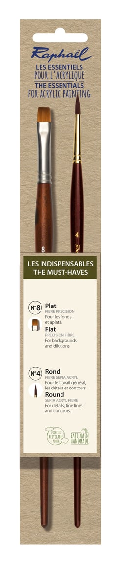 Lot de 2 pinceaux Raphaël - Acrylique - Poils synthétiques - N°4 et n°8