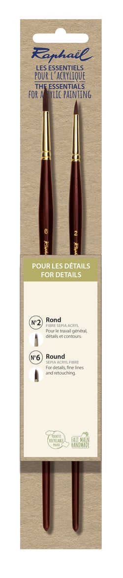 Lot de 2 pinceaux Raphaël - Acrylique - Poils synthétiques - N°2 et n°6