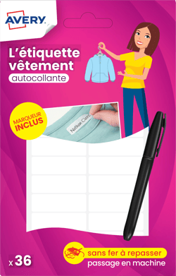 36 étiquettes blanches vêtements autocollantes - 45 x 13 mm - avec marqueur inclus - Avery