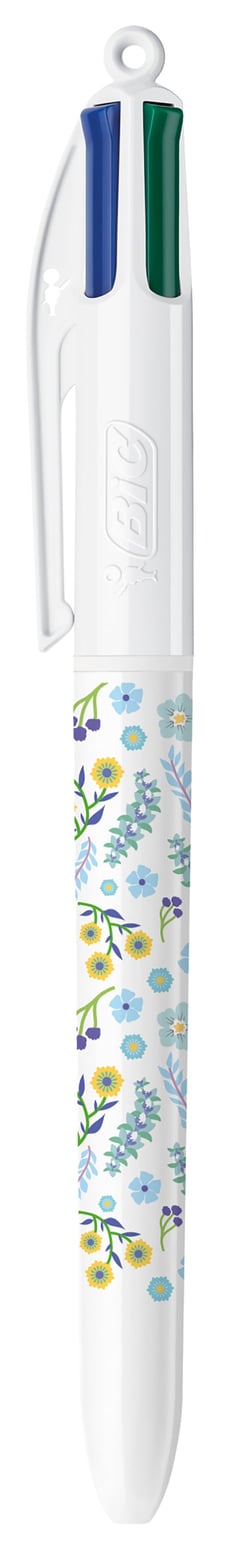 Stylo bille BIC - Fleurs bleues - 4 couleurs - Pointe moyenne