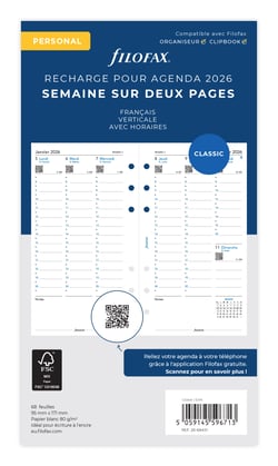 Recharge pour agenda semainier 2026 Filofax - Personnal - Vertical