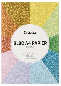 Bloc A4 de papier pailleté multicolore - 10 feuilles - 1 feuille par couleur - 200 g/m² - Créalia
