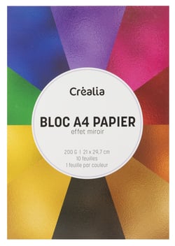 Bloc A4 de papier miroir multicolore - 10 feuilles - 1 feuille par couleur - 200 g/m² - Créalia