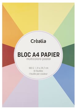 Bloc A4 de papier pastel multicolore - 10 feuilles - 1 feuille par couleur - 200 g/m² - Créalia