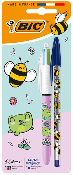Bic 4 couleurs + stylo bille BIC - Grenouille et abeille - Encre assortie - Pointe moyenne