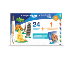 Kit de coloriage 24 marqueurs acryliques double pointe & 1 livre Hachette - Graph’it Go - Tour du monde