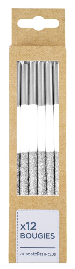 Lot de 12 bougies longues Kim'Play - Argent