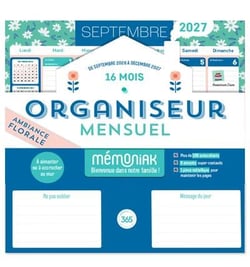 Organiseur mensuel Mémoniak 2027 - Ambiance florale, 16 mois, septembre 2026-décembre 2027