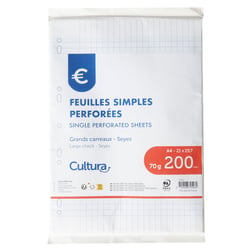 Feuilles simples perforées A4 - 200 pages 70 g - Grands carreaux Séyès - Cultura