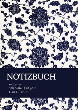 Notizbuch A4 kariert - 100 Seiten Soft Cover floral blau - FSC Papier : Notebook A4 Karo - 90g/m² kariertes Papier