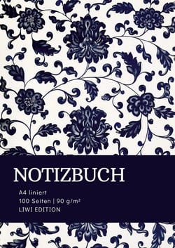Notizbuch A4 liniert - 100 Seiten Soft Cover - floral blau - FSC Papier : Notebook A4 Linien - 90g/m² kariertes Papier