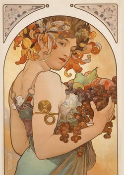Notizbuch schon gestaltet mit Leseband - A5 Hardcover blanko - Alfons Mucha "Früchte" - 100 Seiten 90g/m² - FSC Papier : Notebook A5 - Art nouveau - Journal gebunden blanko - Jugendstil