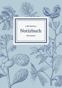 Notizbuch schon gestaltet mit Leseband - A5 Hardcover blanko - 100 Seiten 90g/m² - floral hellblau - FSC Papier : Notebook A5 Hardcover blanko