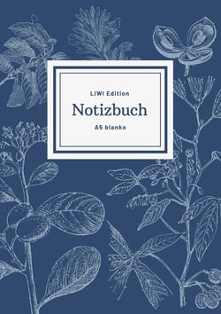 Notizbuch schon gestaltet mit Leseband - A5 Hardcover blanko - 100 Seiten 90g/m² - floral dunkelblau - FSC Papier : Notebook A5 Hardcover blanko
