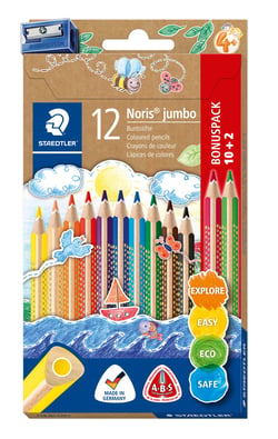 Etui 10 crayons de couleur triangulaires Noris Jumbo - Staedler -  2 crayons de couleur supplémentaires & 1 taille-crayon offerts