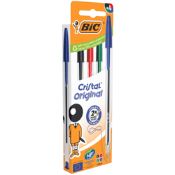 Lot de 4 stylos bille BIC - Cristal - Bleu, rouge, vert noir - Pointe moyenne