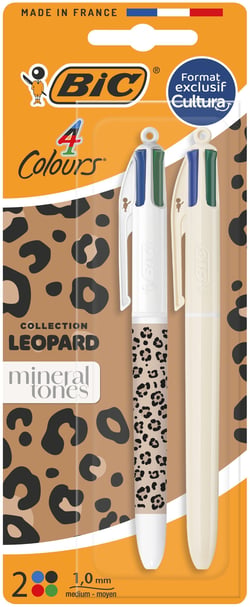 Lot de 2 stylos bille 4 couleurs BIC - Minéral et léopard - Bleu, rouge, vert, noir - Pointe moyenne