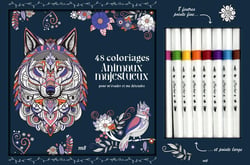 Coffret coloriages : Animaux majestueux : Un carnet à colorier avec des feuilles détachables et 8 feutres