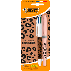 Lot de 1 Stylo bille 4 couleurs BIC Leopard et 1 Surligneur Highlighter Grip BIC pastel - Pointe moyenne