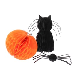 Lot de 3 décorations d'Halloween Artyfêtes - Papier alvéolé - Araignée, chat et citrouille - Ø 13 x 18 cm