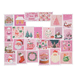 Lot de 25 autocollants assortis timbres rose Noël - Modèles assortis - Créalia