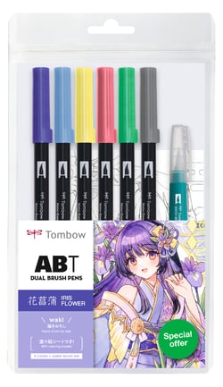 Lot de 6 feutres + 1 pinceau réservoir Tombow - Manga Iris Flowers