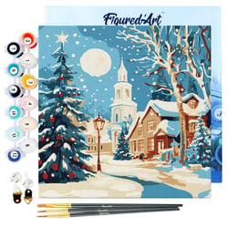 Peinture au numéro Figured'Art avec cadre - Rue de Noël Enneigée - 20 x 20 cm