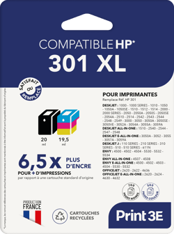 Pack de 2 cartouches d'encre Print3E - compatibles HP 301 XL - Noir, Couleur