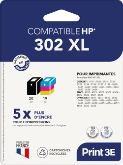Pack de 2 cartouches d'encre Print3E - compatibles HP 302 XL - Noir, Couleur