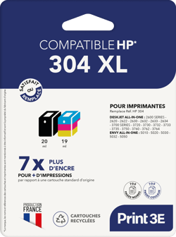 Pack de 2 cartouches d'encre Print3E - compatibles HP 304 XL - Noir, Couleur