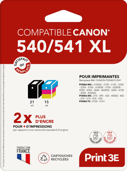 Pack de 2 cartouches d'encre Print3E - compatibles Canon PG-540 XL / CL-541 XL - Noir, Couleur