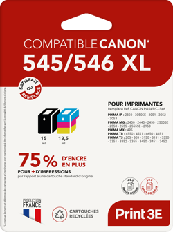 Pack de 2 cartouches d'encre Print3E - compatibles Canon PG-545 XL / CL-546 XL - Noir, Couleur