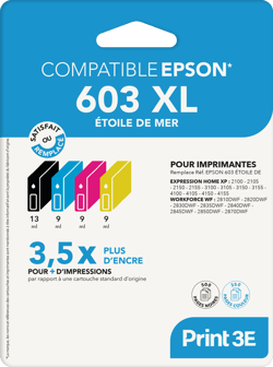 Pack de 4 cartouches d'encre Print3E - compatibles Epson 603 XL - Noir, Cyan, Magenta, Jaune