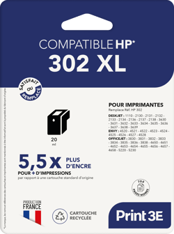 1 Cartouche d'encre Print3E - compatible HP 302 XL - Noir