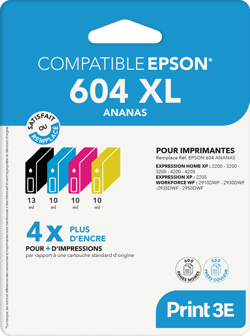 Pack de 4 cartouches d'encre Print3E - compatibles Epson 604 XL - Noir, Cyan, Magenta, Jaune