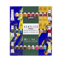 Coffret de 30 tubes 20 ml de peinture acrylique Pébéo Studio Acrylique + 1 pinceau - Fine - Couleurs assorties - Opaque ou transparente