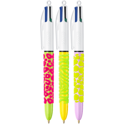 Stylo bille 4 couleurs BIC - Velours - Modèles aléatoires - Bleu, rouge, vert, noir - Pointe moyenne - Vendu à l'unité