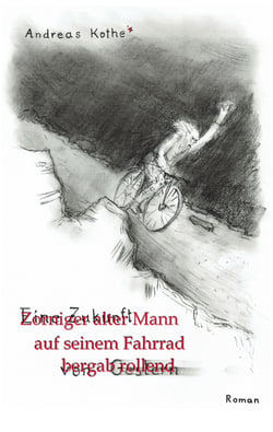 Zorniger alter Mann auf seinem Fahrrad bergab rollend - Eine Zukunft von gestern