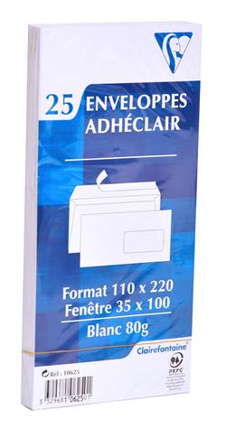 25 enveloppes fenêtre blanches 11x22 cm