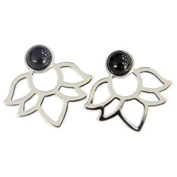 Boucles d'oreilles perles Onyx noir et Lotus métal argenté