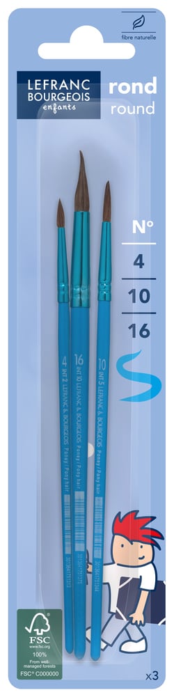 Lot de 3 pinceaux ronds - Pour peinture gouache, peinture acrylique, encre et peinture aquarelle - N°4, 10, 16 - Poils de poney