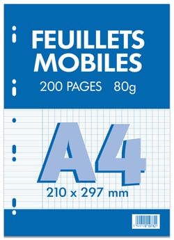 Feuillets simples mobiles grands carreaux Conquérant - 200 pages perforées - Blanc - A4 21 x 29,7 cm - 80g/m²