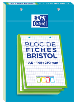 Fiches bristol perforées - 30 feuilles A5 14.8 x 21 cm - 210 g/m² - Petits carreaux - Bristol 2.0 - Oxford - Vert